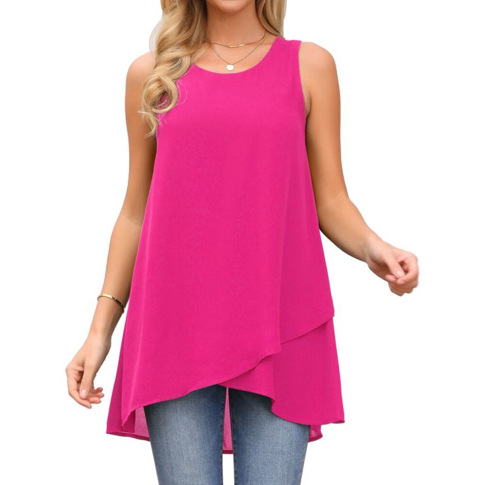 Women's High Low Top Sleeveless Chiffon Blouse Crewneck Summer Tops Hot Pink
